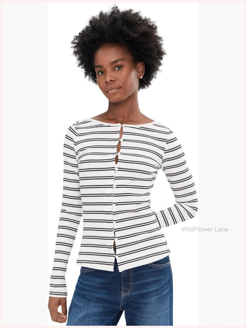 Button Front Ribbed Fitted Long Sleeve Top with High Neck